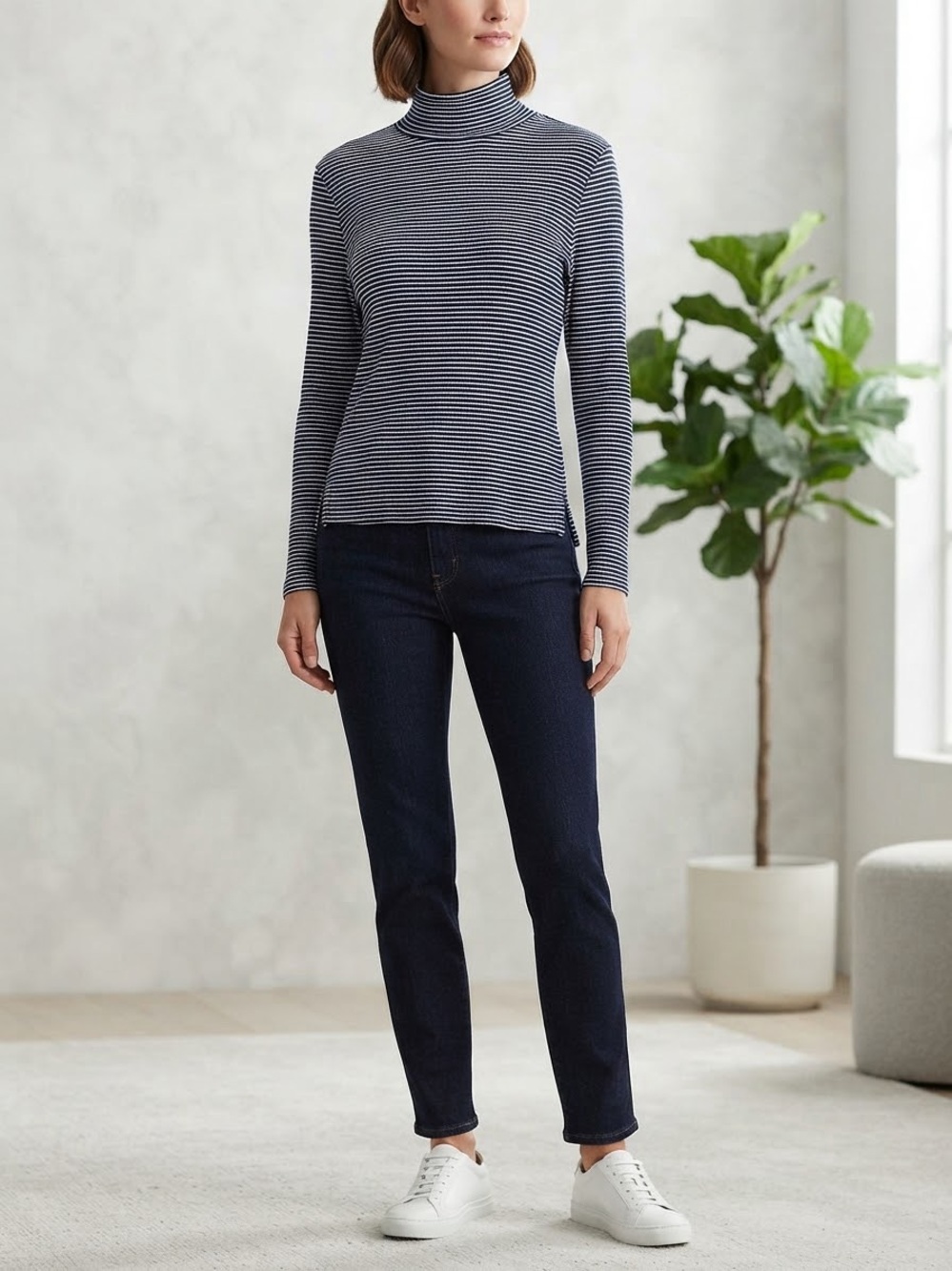Jones New York Navy Blue & White Striped Ribbed Turtleneck Top Size Small